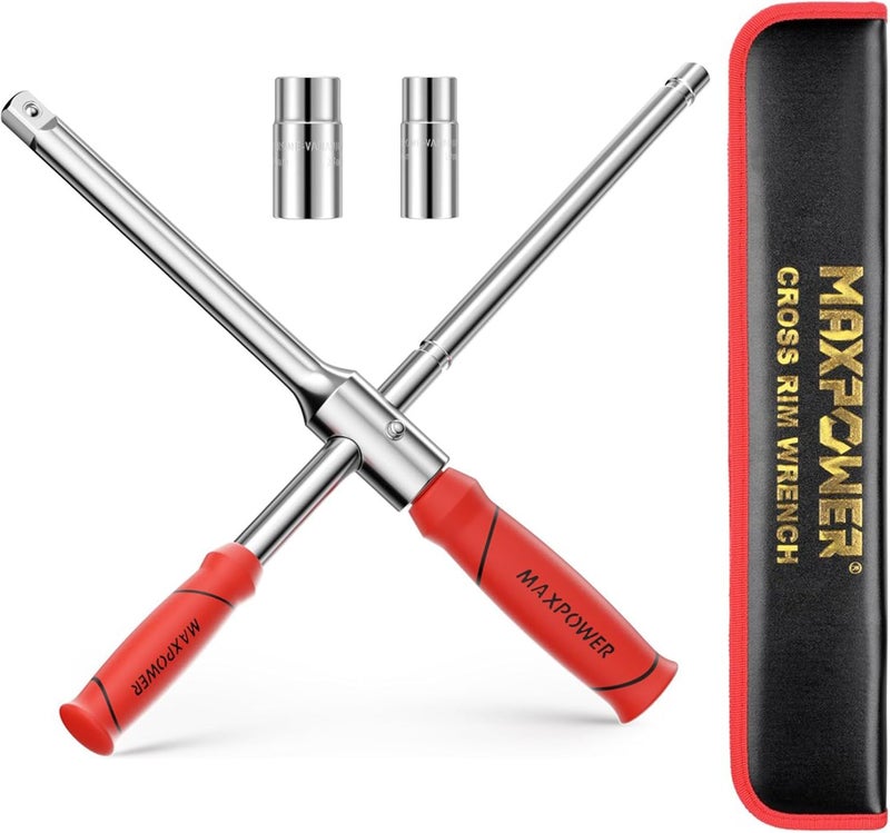 Max Power Lug Wrench, Tire Wrench With 1/2-Inch Drive and 2PCS Standard Sockets (17 mm/19 mm, 21 mm/23 mm), Detachable Rapid Cross Lug Nut Wrench With Storage Box - Image 1